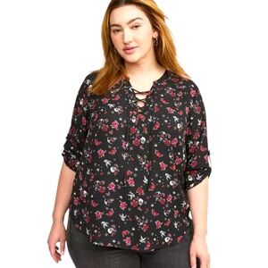 Floral Lace-Up Black Blouse